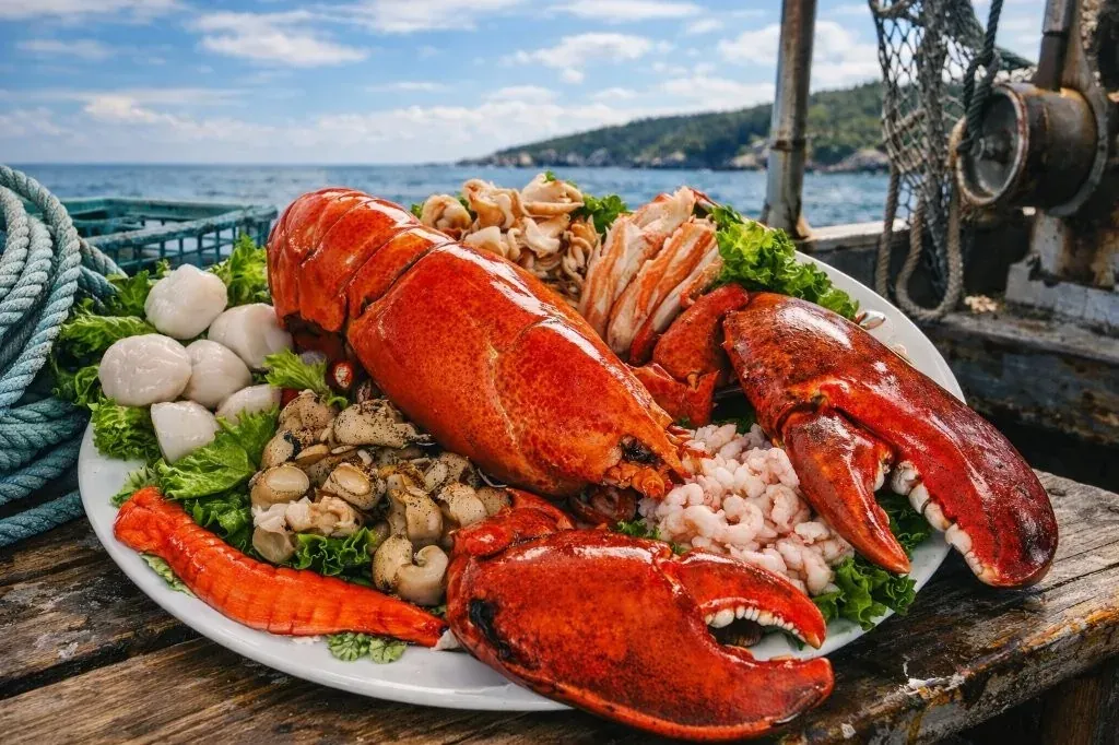 Plateau de fruits de mer Côte-Nord : homard, pétoncles, crevettes nordiques et crabe, Les Escoumins